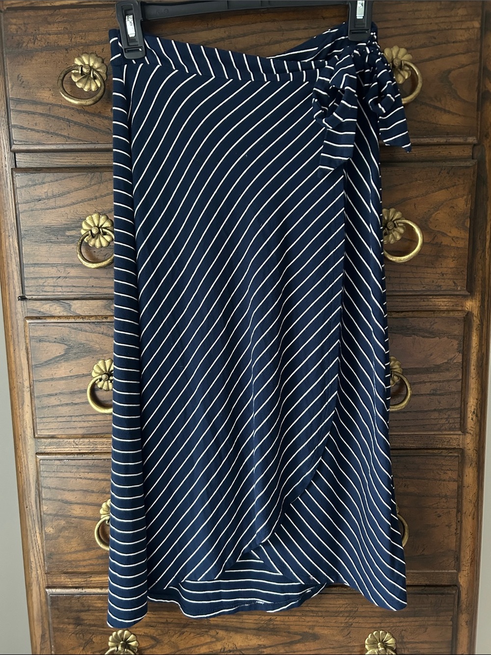 Adrienne Vittadini Navy and White Knit Striped Wrap Skirt, Size S
